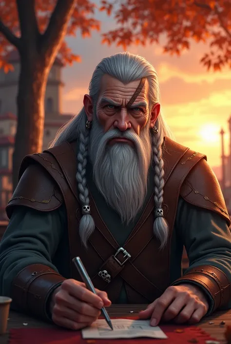 Digital art, World of Warcraft universe. Middle Ages. Autumn. At sunset. Colorful. a tall gray-haired man of 60 years old is sitting at the table of a street cafe, front view. his right eye is covered with a leather bandage, a veteran, a courageous stern f...