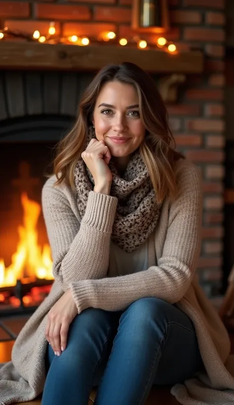 A 37-year-old woman sitting by a fireplace, dressed in a cozy cardigan and scarf.