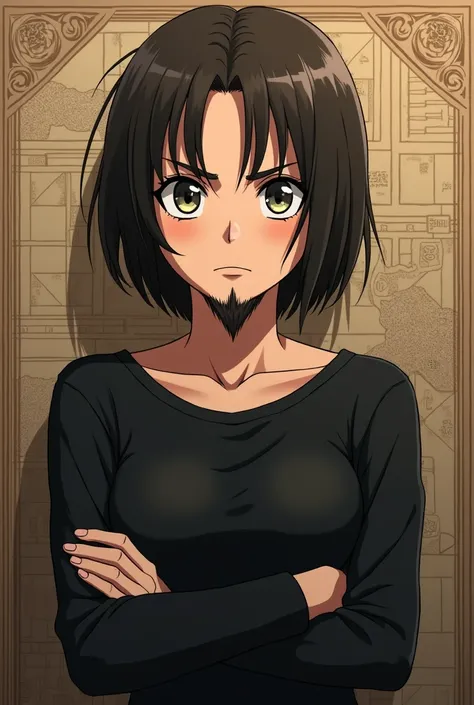  Erin Yeager season 4 , pretty face ,  medium-length beard ,  on a thin beak ,  gray eyes ,  angry look ,  Dark brown hair  ,   medium long hair  ,   folded black shirt  ,  Anime style  ,  On Titan ,  anime map type.  Full body, One character,   high quali...