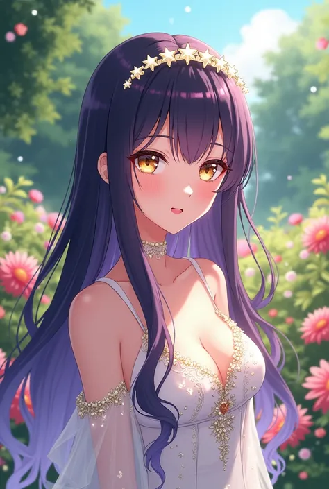 irregular at magic highschool anime screencap, mature teenage female, long dark purple with ombre white hair, smile, straight bangs, starry headband, golden eyes, wearing a elegant white dress with intricate starry details, scenery sitting in a garden full...