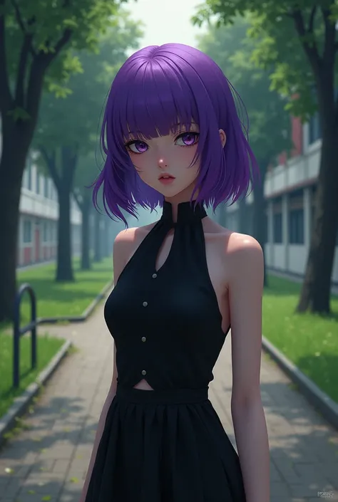 A beautiful girl with purple hair and a black dress with a serious look in the school yard 