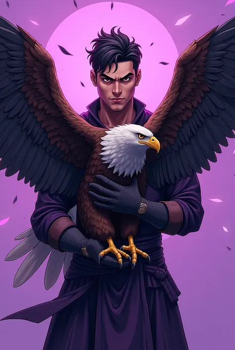 digital comic Mingyu with a handsome and badass face holding an eagle with the dominant color purple