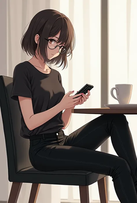 An anime-style illustration of a teenage girl sitting on a dining chair and backrest upholstered in black leather with wooden legs She wears leather pants and black leather shoes and a leather t-shirt ,  while holding a black television remote control in h...