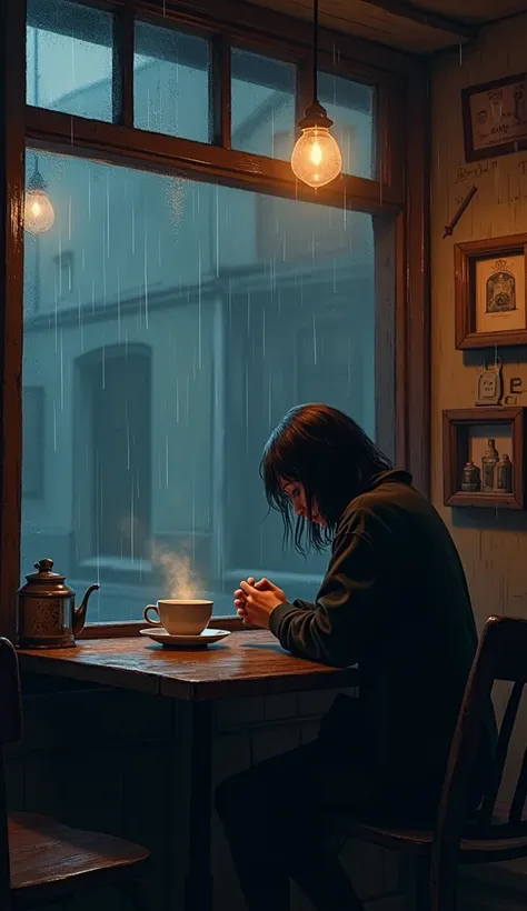 Cafe atmosphere at night with a rainy atmosphere and a hot cup of coffee on the table