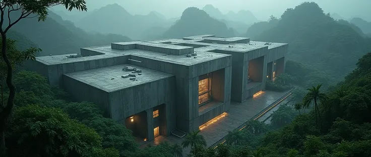 a cinematic, realistic, ultra detailed, ultra futuristic sci-fi stone research center building with various modules inspired by brutal architecture, in the rain forest at dusk.