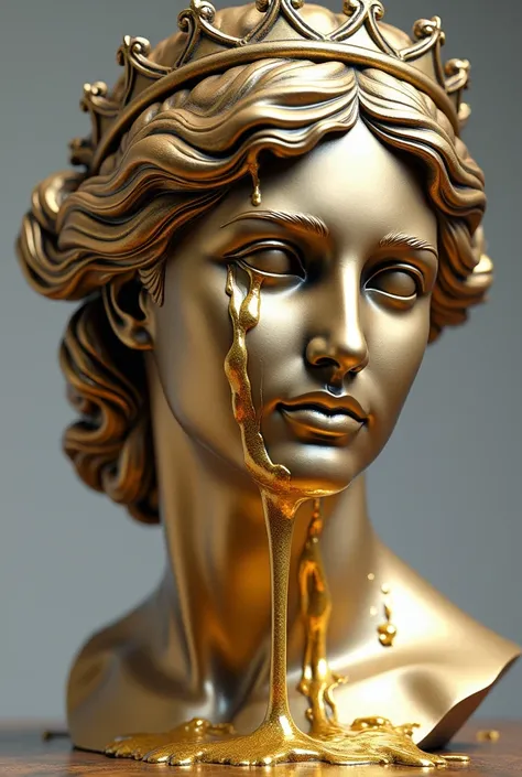 ((masterpiece, highest quality, Highest image quality, High resolution, photorealistic, Raw photo, Extremely detailed CG unified 8k wallpaper)), A classic statue representing a womans head, made of metal such as bronze or gold. She wears a crown and has sh...