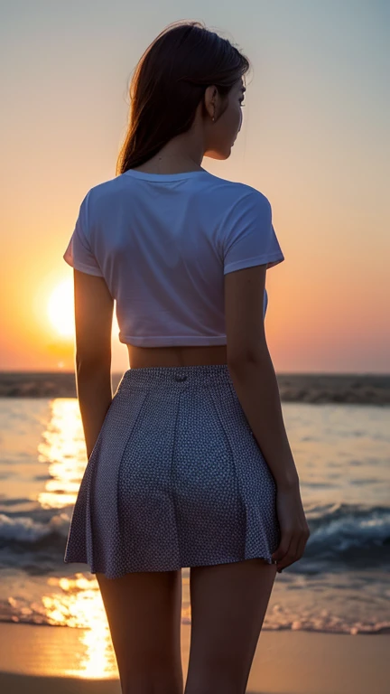 a beautiful teenage girl wearing t-shirt and skirt, she turned her back to the camera, she doesnt look on camera yet, she looks on the sunset, amazing sunset, only the back of his body was visible, candid from behind,girlfriend material, best lighting (bes...