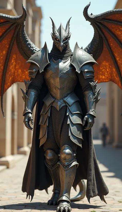 A towering, armored knight strides through the royal courtyard, a perfect blend of human strength and dragon might. His body is clad in intricately forged armor, but beneath it, his skin is covered in tough, stone-gray dragon scales. The dragons features a...