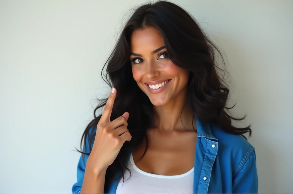 Une femme métisse réelle avec une peau brune et souriant, portant un tailleur bleu et chemise blanc intérieur et ayant de longs cheveux noirs. Elle pose en pointant du doigt vers la gauche pour montrer une carré blanc, regarde légèrement à gauche, lautre m...