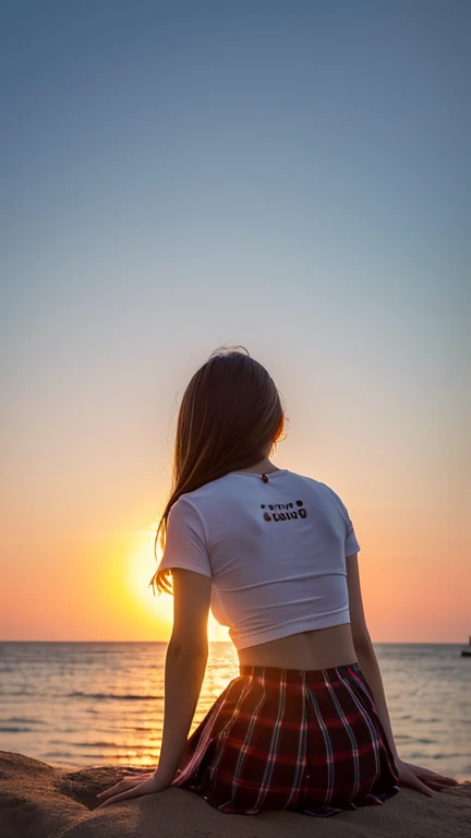 a beautiful teenage girl wearing t-shirt and skirt, she turned her back to the camera, she doesnt look on camera yet, she looks on the sunset, amazing sunset, only the back of his body was visible, candid from behind, shes sitting on the rock,girlfriend ma...