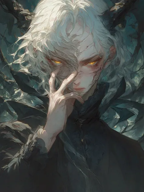 illustration, highest quality, very detailed, animation, solo, uncle, (male), long flowing white hair, yellow eyes, face wound, dark forest, soft shadow, dreamy and beautiful, mysterious, on the face, shooting a bow in hand