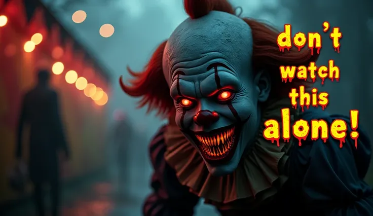 Create a terrifying and eye-catching thumbnail featuring a horrifying clown with glowing red eyes, a blood-stained grin, and sharp teeth. The clown is emerging from a dark carnival tent with flickering lights in the background. Include a faint silhouette o...