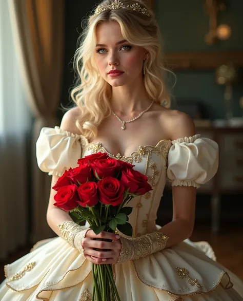 Beautiful front girl wearing Cinderella costume, blonde, big breasts and butt, holding a bouquet of red roses