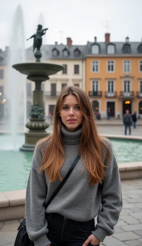 A 37-year-old woman posing near a fountain in a city square, wearing a turtleneck sweater.