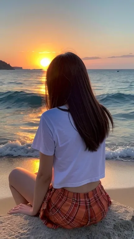 a beautiful teenage girl wearing t-shirt and skirt, she turned her back to the camera, she doesnt look on camera yet, she looks on the sunset, amazing sunset, only the back of his body was visible, candid from behind, shes sitting on the rock,girlfriend ma...