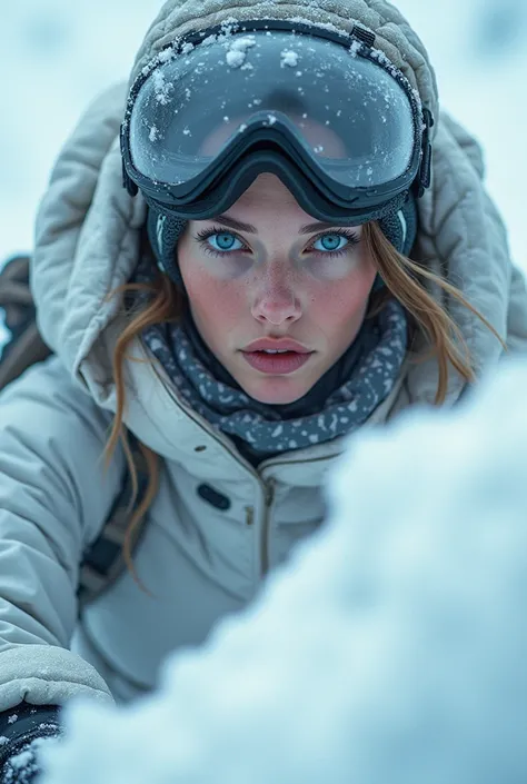 (masterpiece:1.2, top quality),  professional photorealistic images,  beautiful photo  , (  natural light,  movie lights ),  A beautiful woman walking through a blizzard wearing white warm clothes and goggles, The snow is falling heavily, Climbing a snowy ...