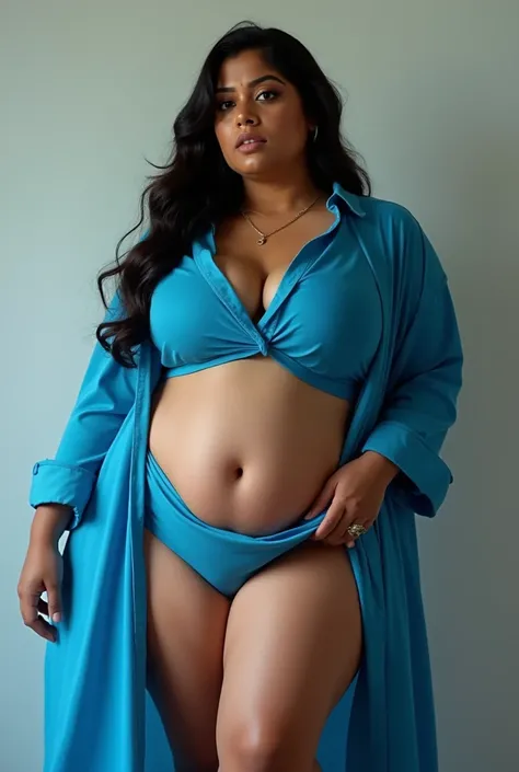 Ssbbw super flat belly Indian girl in revealing blue long shirt wearing mini skirt straight pose 