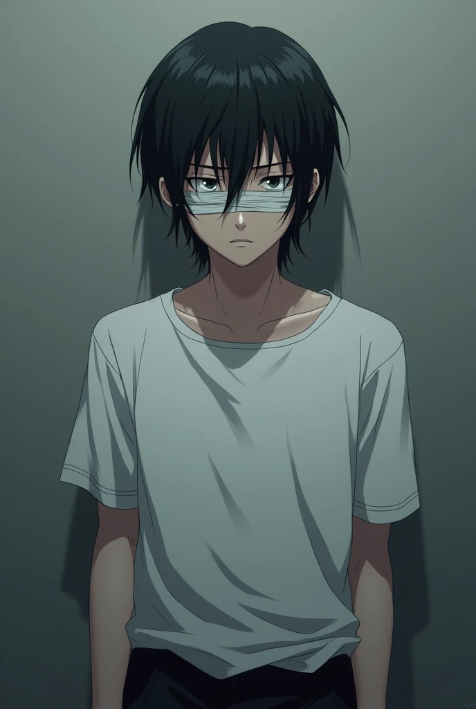 an emo guy with wet black hair wearing bandages wrapped around his eyes  wearing white top and black pants as anime guy