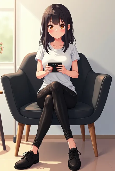 An anime-style illustration of a teenage girl sitting on a black leather dining chair and backrest with wooden legs She wears leather pants and black leather shoes and leather t-shirt ,  while holding a black television remote control in her hands .  The b...