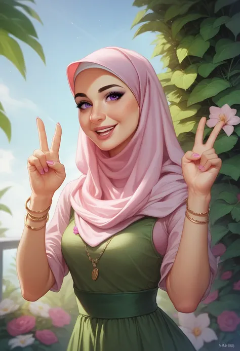  This image shows four photographs taken from the same angle ,  features a beautiful woman wearing a pink hijab with floral prints and light brown coloured clothing.  The background is a purple wall with windows and some greenery growing around it . The pe...