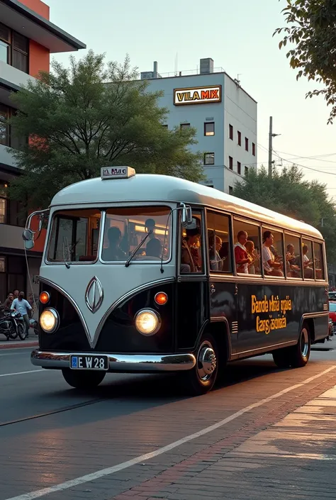   Create a 3D image of a black and white envelope with a big name on its side  : Banda Máfia Da Pisada .
 Bus standing in front of a club called Vila-Mix  , and the bands people taking the instruments off the bus  