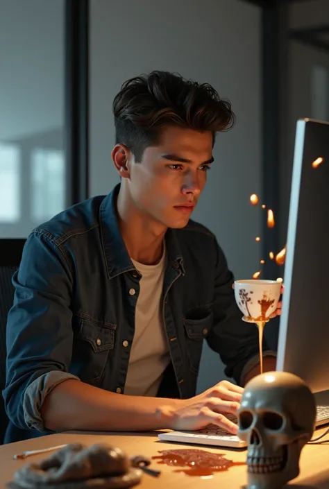 beautiful boy throws in front of the computer and spills coffee in front of him also has a skull