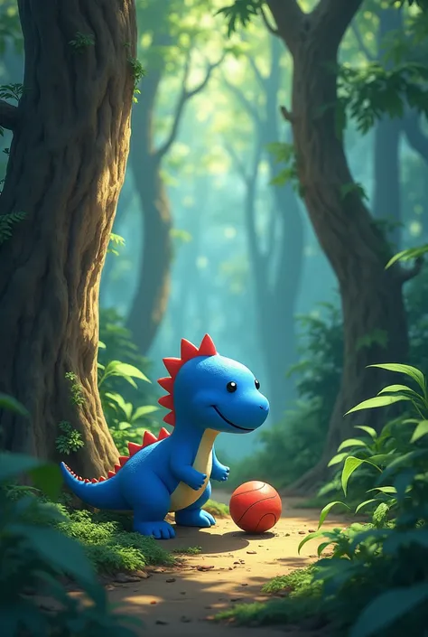  The Lost Dinosaur

Dudu , The blue dinosaur ,  lost his ball in the middle of the forest , The ball was close to the trunk
