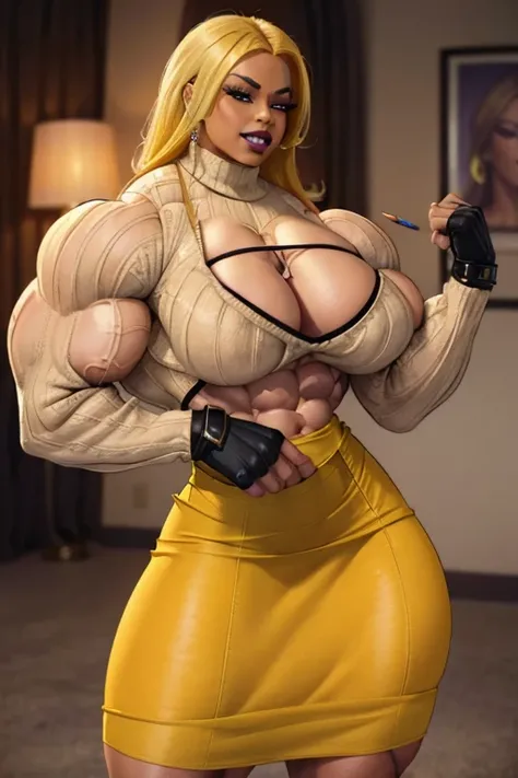 ((Close-up)), tall, (yellow hair) beautiful muscular latino woman, long hair, brown skinned, (smirking), large breast, (black lipstick), (massive muscles), (hyper muscle), ((ginormous bulky muscles)), yellow eyes, (((((beautiful tight sweater))))), ((((bea...