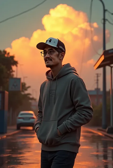 cinematic artwork of an Indonesian man walking alone, (he looks up:1, wearing, hoodie eyeglasses with the letters "bukan siapa siapa", wearing a sports hat with the under armor logo, smooth face, laughing, hands in pockets, professional image), cinematic a...