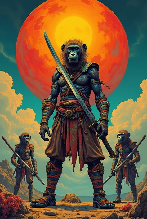 hyper surreal lord warrior colorful baboon mandrills sphynx stance with big katana infront floating hyper surreal giant orb arms evil that was cut and split, optical illusion, psychedelic solid color environment, art nouveau, super quality elegant detail, ...