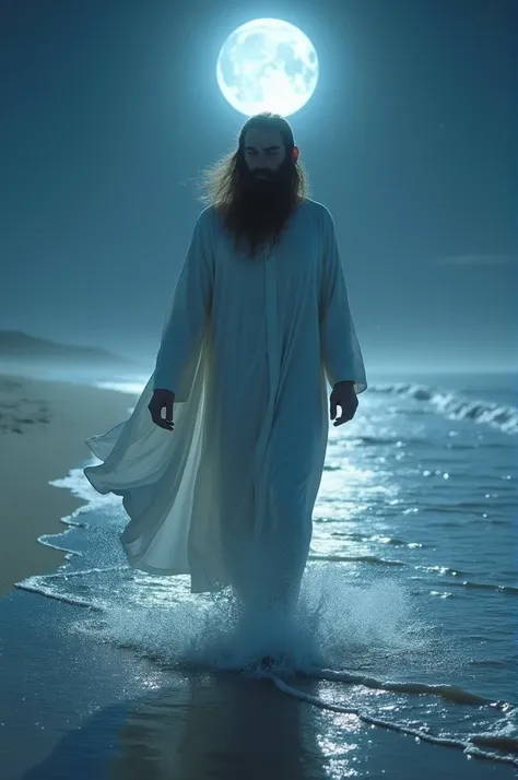 Jewish man with long hair dressed in a white cloak walking on the waters of a beach at night and the moon shining brightly