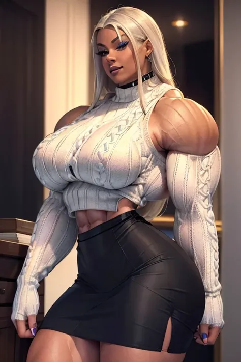 ((Close-up)), tall, (white hair) beautiful muscular woman, long hair, brown skinned, (smirking), large breast, (black lipstick), (massive muscles), (hyper muscle), ((ginormous bulky muscles)), blue eyes, (((((beautiful tight sweater))))), ((((beautiful pen...