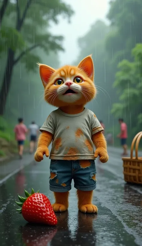 In cinematic 3D style, HD image, colourful image ,realistic image.
Character,Orange kitten cat wearing a very dirty, mud-soaked torn t-shirt and a very dirty and torn blue shorts at many places.
Action,It is raining very heavily there are trees all around,...