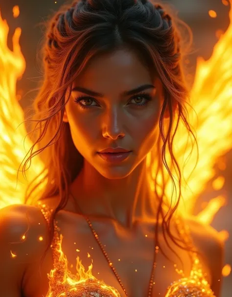 a close up of a woman with a fire and flames on her body, with fiery golden wings of flame, action pose, with fiery golden wings, epic fantasy art style, concept art | artgerm, phoenix warrior, extremely detailed artgerm, epic fantasy digital art style, fe...