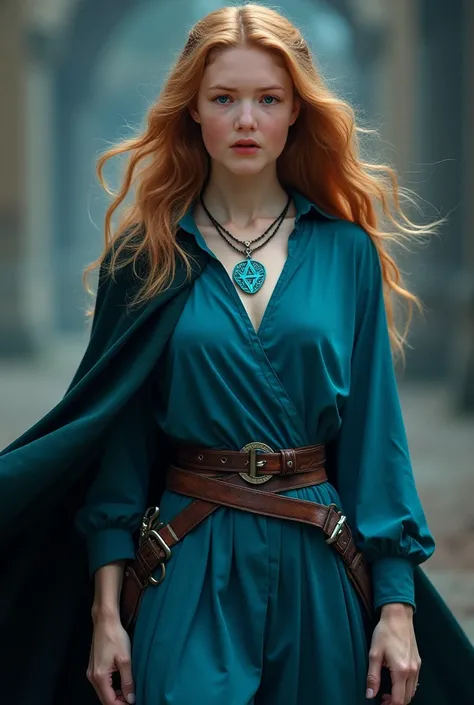 light skin, gray eyes, copper blonde hair, female human, magician, dark cape, blue turquoise tunic, small blue pentagram necklace, belt with a dagger on the side