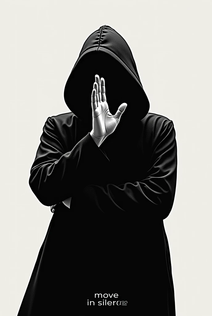 Black and white background man in the hoodie with no face pointing finger on his mouth with text in the bottom of image MOVE IN SILENCE graphic design