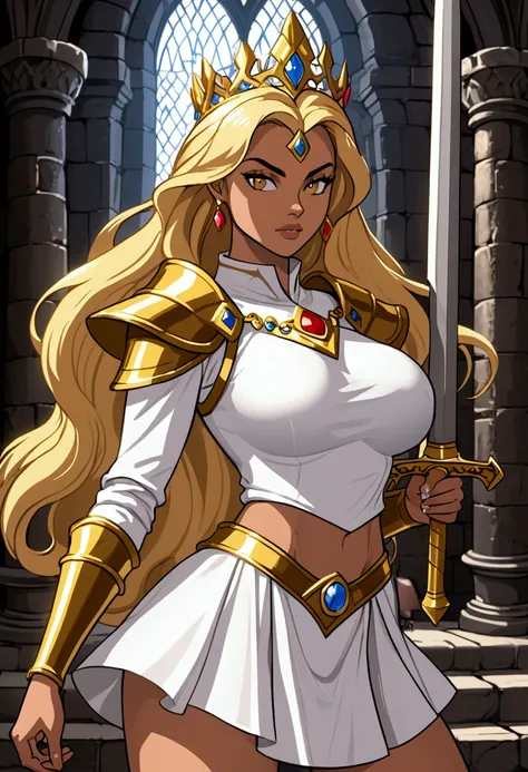 She-Ra, whit big breasts, long blond hair, whit golden tiara,wears white & golden blouse, white mini skirt, holding sword, in medieval castle