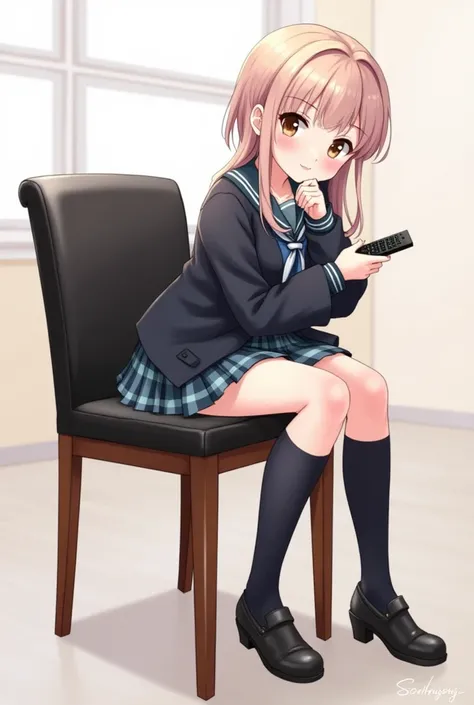 An anime-style illustration of a teenage girl sitting on a dining chair and backrest, black leather with wooden legs. She wears a school uniform that includes a dark jacket and a plaid skirt., while holding a black television remote control in his hands cl...