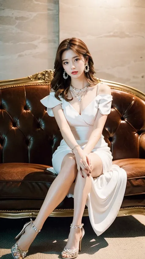 1girl, solo, jewelry, dress, brown hair, realistic, necklace, sitting, couch, own hands together, pearl necklace, white dress, looking at viewer, earrings, high heels, nail polish, brown eyes, full body