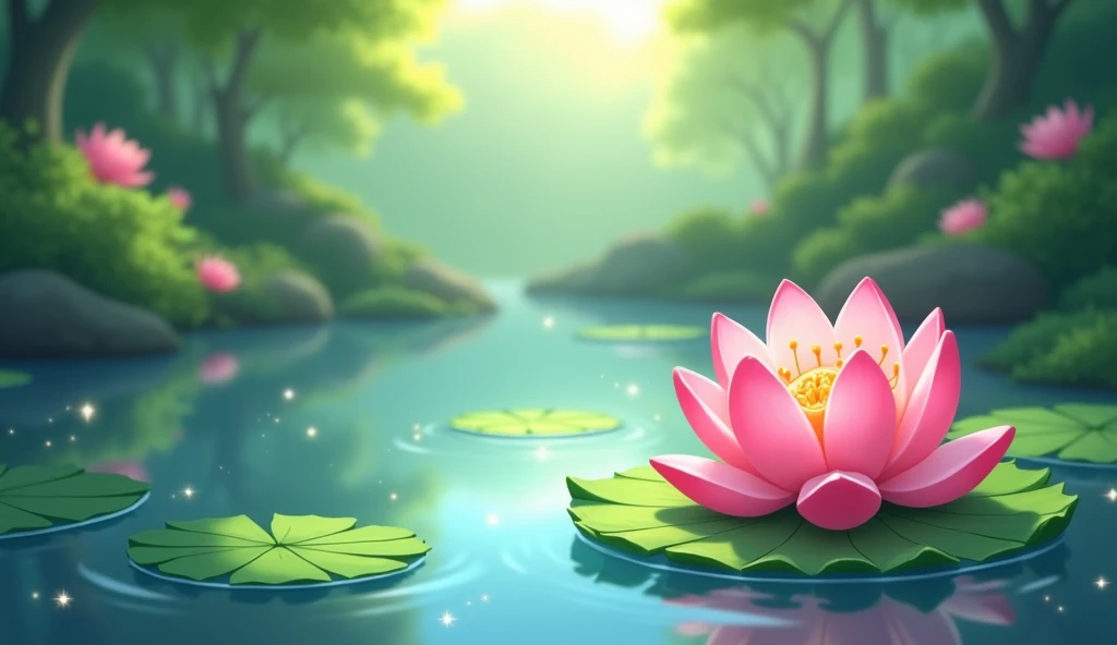 "Create a vibrant cartoon-style image divided into two sections:

Left Side (1/2 of the image): Leave this section blank for future customization.

Right Side (1/2 of the image): Depict a bright pink lotus (कमल) floating gracefully on a serene pond. The lo...