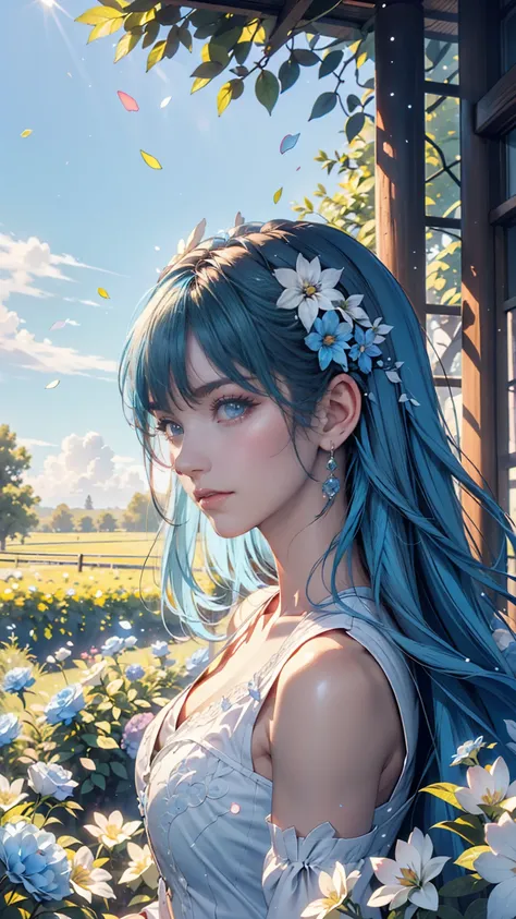 ( absurd,  high definition ,  super detailed, 超 high definition ,  cinematic ), Alone,  1 girl,  mature,  happy , girl standing in light blue flower field, light blue flower petal surrounding girl, whole body,  girl with long blue hair , light blue hair, f...