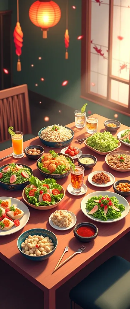 A beautiful New Years table full of salads, snacks, alcohol and everything different.  anime drawing 