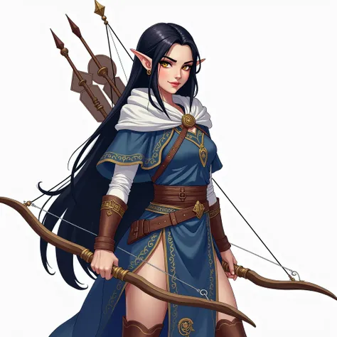 Draw a pixel art , with white background,  a full-body half-elf ,  with long black hair,  wrapped in white piece ,  Shiny Golden Eyes,  using a bow and quiver on her back ,  she has a blue cape with lots of gold details and elven runes.  She is in a confid...