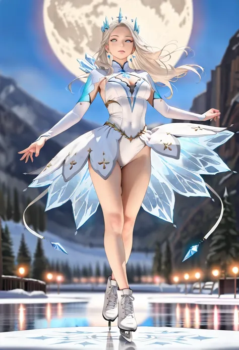 (best quality,4k,8k,highres,masterpiece:1.2),ultra-detailed,(realistic,photorealistic:1.37),Ice Dance skate, full body,eye details,face details,1beautiful girl,full moon, Frozen lake, beautiful skater, pure white outfit, fantasy, elegant pose, graceful mov...