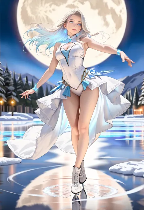 (best quality,4k,8k,highres,masterpiece:1.2),ultra-detailed,(realistic,photorealistic:1.37),Ice Dance skate, full body,eye details,face details,1beautiful girl,full moon, Frozen lake, beautiful skater, pure white outfit, fantasy, elegant pose, graceful mov...