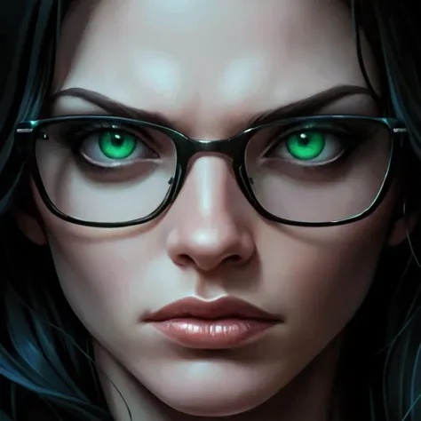 a close up of a woman with glasses and glowing green eyes, glowing eyes, artgerm detailed, artgerm. high detail, artgerm portrait, stanley artgerm lau, artgerm greg rutkowski _ greg, artgerm julie bell beeple, extremely detailed artgerm, steven artgerm lau...