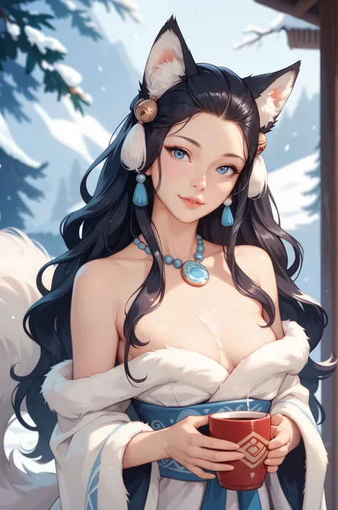 Snow fox tribe 140 cm tall .  Cute face, slim figure, cup chest B +  Long fluffy hair, pure white, shining like heavenly silk, fluffy ears, fluffy tail, smooth white skin