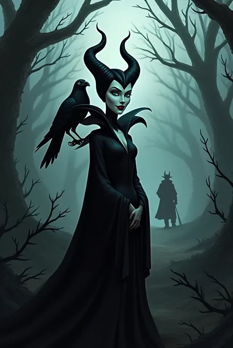 Disneys Maleficent in the foreground. The background is a forest of thorns, a hunter can be seen in the distance, and a raven is perched on Maleficents shoulder. You can see her evil look and a small smile of satisfaction on her face. The sky is dark, the ...