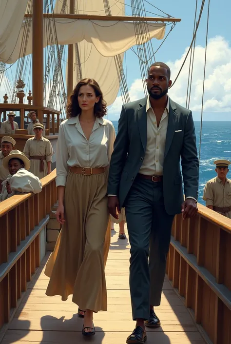 a couple (white woman and black man) OF MISSIONARIES ENTERING THE SHIP