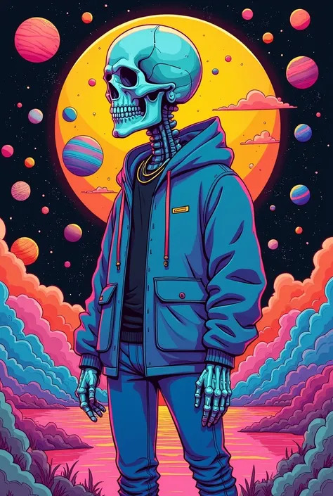 solid colors; bright psychedelic colorful and surreal anime cartoon style; long shot, hyper realistic characters and shapes. At center big futuristic street outfit manga skull boy. Background playful, super elegance, chaotic feel with surreal streamline pa...